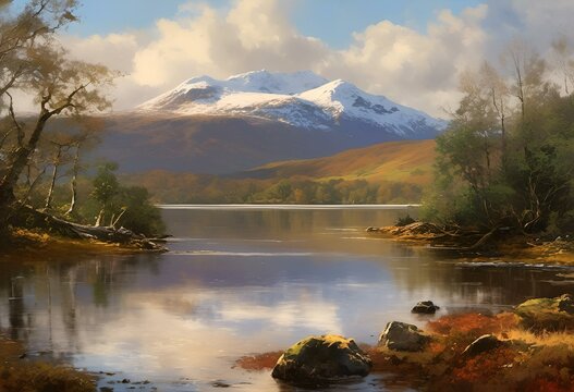 AI generated illustration of a scenic landscape painting of mountains and a lake