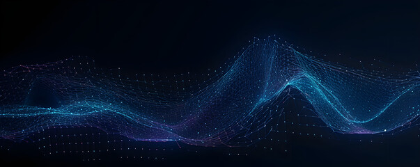 In the world of technology, an abstract blue background adorned with a meticulously crafted wave pattern composed of interconnected dots and lines exemplifies the continuous exchange of information. - obrazy, fototapety, plakaty