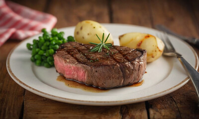 A succulent grilled steak adorned with a sprig of fresh rosemary, served with boiled potatoes on a white plate, set against a rustic wooden background.