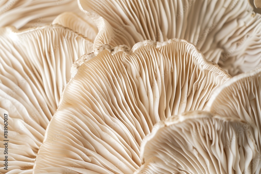 Wall mural A closeup of the edge and texture of an oyster mushroom, showcasing its unique patterned edges in neutral tones. The soft cream background highlights details. Soft natural light, macro