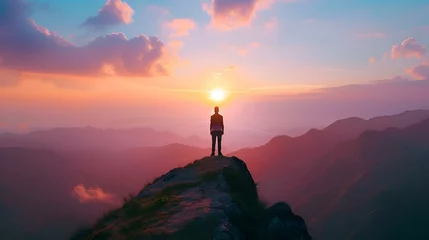 Poster a person standing on top of a mountain looking at the sunset © Wirestock