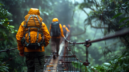 two people hiking over a suspension bridge in the forest to get to the jungle - obrazy, fototapety, plakaty