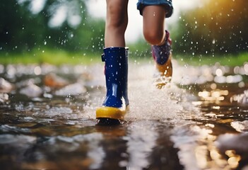 AI-generated illustration of a child in rain boots running through a puddle