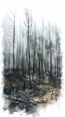 Fototapeta na wymiar aftermath of a forest fire, with smoke lingering among charred trees, realistic watercolor , white background