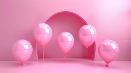 The background is composed of abstract geometric shapes. The pink background is composed of balloons.