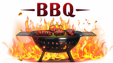 A realistic illustration of an empty black grill with flames coming out from the bottom, and on top is written "BBQ"