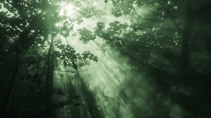Sun beams through the forest, early morning with a green glow.
