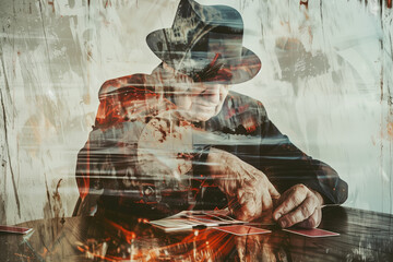 Double exposure illustration of a man playing cards - obrazy, fototapety, plakaty