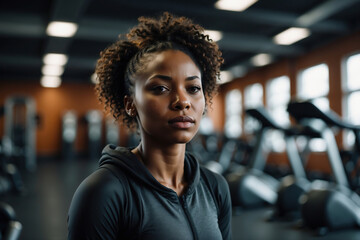 Motivierte junge afroamerikanische Athletin bereit für das Training im modern ausgestatteten Fitnessstudio