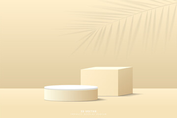 Abstract brown 3D cube pedestal and white cylinder podium realistic with palm leaf shadow on wall background. Minimal scene for product display. 3D stage for showcase. 3D vector geometric platform.