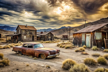 American ghost town with dilapidated abandoned houses and decrepit car in the foreground