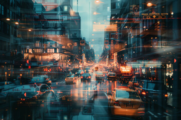 Double exposure illustration of a city in the evening and car traffic and street lights
