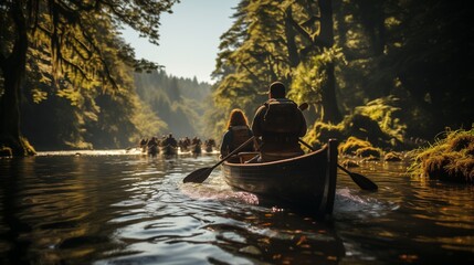 AI generated illustration of people paddling in canoes in a mountain lake - obrazy, fototapety, plakaty