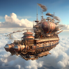 Steampunk airship soaring through the clouds.