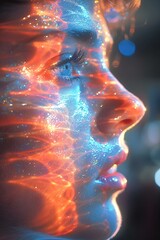 AI generated illustration of a young man with face immersed in vibrant orange and blue lights