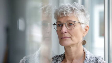 a woman with glasses standing next to a window on her own - obrazy, fototapety, plakaty