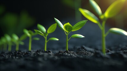 AI generated illustration of young plants sprouting from soil, investment growth concept