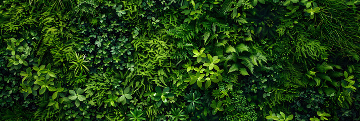 A rectangular green background filled with spots, resembling a natural landscape. The greenery consists of various terrestrial plants, creating a lush and vibrant scene