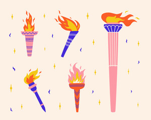 Set of torches with flame in trippy stile. Fire symbol of competition victory, championship. Vector illustration