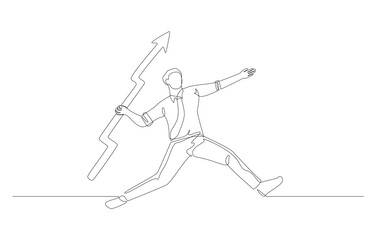 Fototapeta premium Continuous one line drawing of businessman throwing arrow into sky, business growth or sales increase concept, single line art.