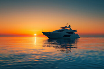 Yacht sailing in ocean at sunset. Sea voyage