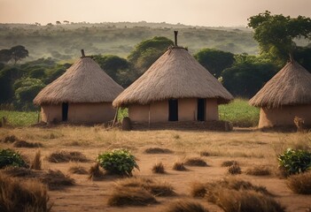 two huts with thatched roof sit in the grass in front of the hills - obrazy, fototapety, plakaty