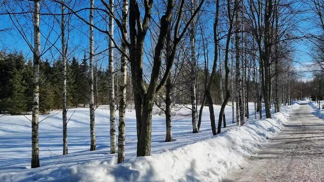 Frozen Keravanjoki river and bare trees next to snowy road in Finland