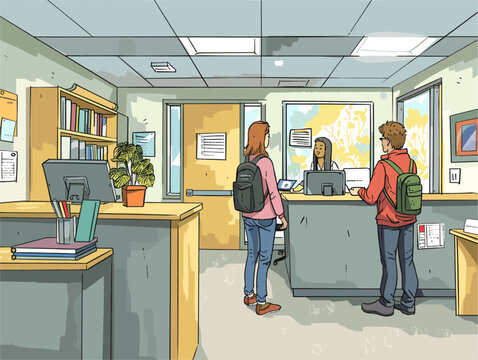 Bustling Financial Aid Office: Students Navigate the Path to Success