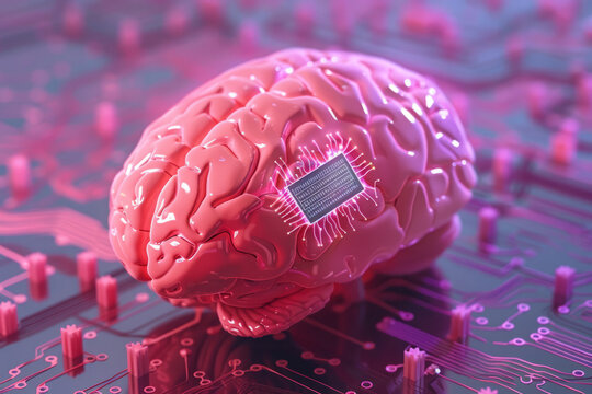 Human brain with implanted neurolink chip implanted, Neural connection to computer, Neuroengineering
