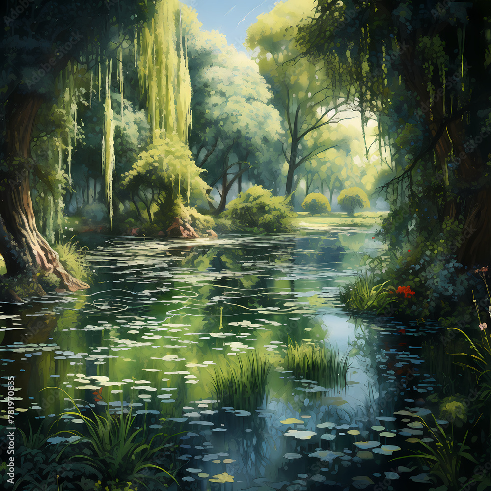 Wall mural Tranquil pond surrounded by weeping willows. 