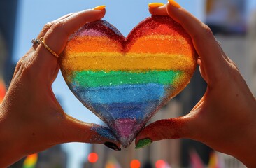 Hands holding a heart in rainbow colors. - obrazy, fototapety, plakaty