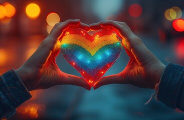 Hands holding a heart in rainbow colors.