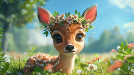 Cartoon-style cute deer with oversized, expressive eyes, wearing a flower crown, set in a lush green meadow under a clear blue sky.