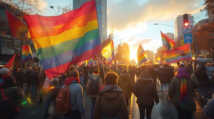 LGBT pride: A crowd of people carrying rainbow flags in the street