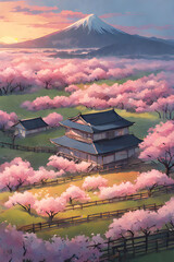  Japanese style house with cherry blossoms.