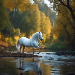 Obraz na płótnie Canvas AI generated illustration of a solitary white horse gracefully standing in the water