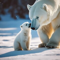 AI generated illustration of a polar bear and its cub in the snowy landscape, gazing inquisitively