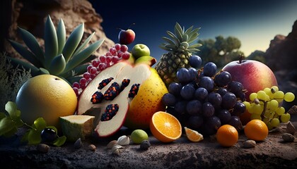 a close up of a bunch of fruit on a table