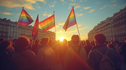 LGBT pride: A crowd of people carrying rainbow flags in the street - obrazy, fototapety, plakaty