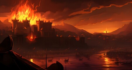 a dark castle surrounded by fire and other mountains in the distance - obrazy, fototapety, plakaty