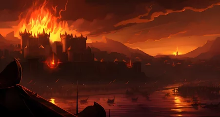 Poster a dark castle surrounded by fire and other mountains in the distance © Wirestock