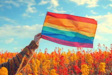 A hand holding a rainbow flag in a field of flowers. - obrazy, fototapety, plakaty