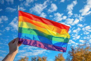 A person holding a rainbow flag in the sky. - obrazy, fototapety, plakaty