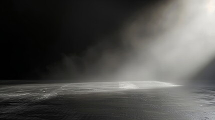 Abstract dance of fog and light on floor with black background