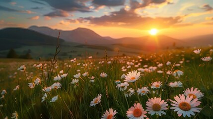 Beautiful spring landscape with white daisies in the meadow at sunset, with a beautiful sky and mountain background