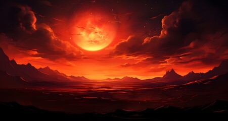 an orange sunset with clouds above mountains and stars above it
