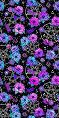 Seamless vector pattern of magical symbols and flowers