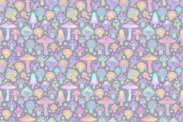 Seamless pattern of cartoon mushrooms in delicate holographic color