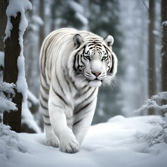 a white tiger walking through the snow in the woods with trees