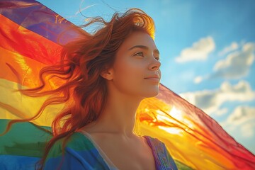 Woman holding a colorful rainbow flag - obrazy, fototapety, plakaty